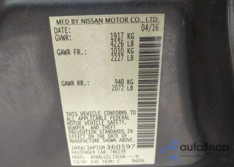 2016 Nissan Altima 2.5 S z USA, uszkodzony, nr VIN 1N4AL3AP1GN360597